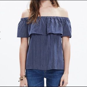 madewell silk off shoulder navy pinstripe top